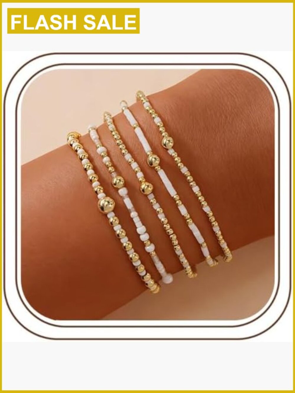 5 Pc Stretch Beaded Bracelets Stacking Set Boho Gold Ball Jewelry